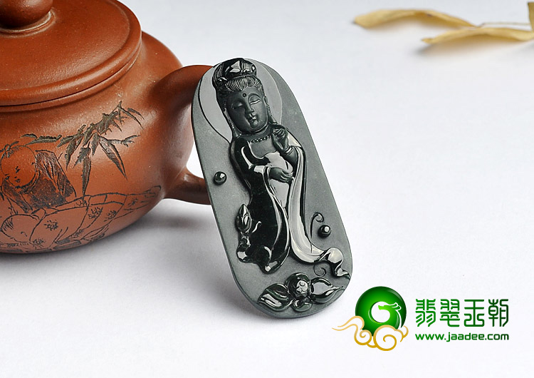 冰种墨翠缅甸翡翠A货站观音挂件