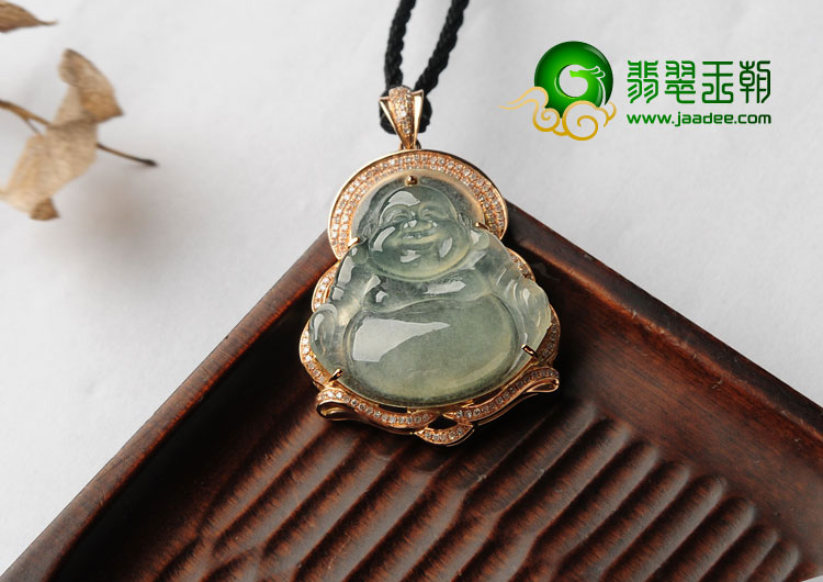 冰种晴水缅甸翡翠A货镶玫瑰金玉佛胸坠（真钻）