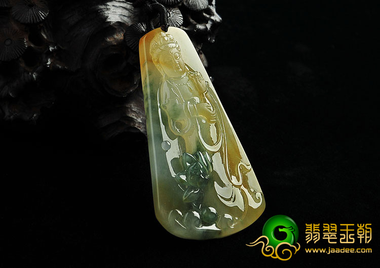 冰种黄翡飘花缅甸翡翠A货观音挂件
