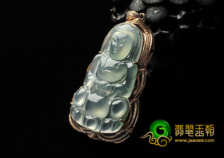 冰玻种晴水缅甸翡翠A货镶玫瑰金观音胸坠（真钻）