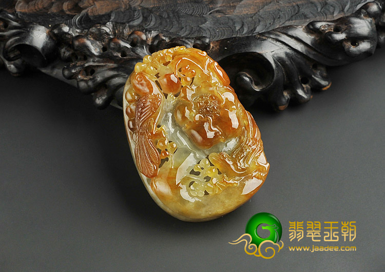糯冰种褐黄翡缅甸翡翠A货富贵双喜挂件