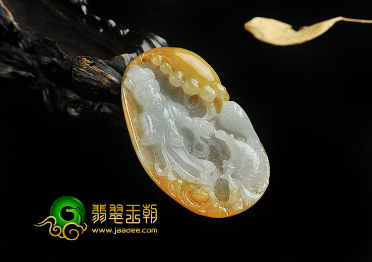 糯冰种黄翡缅甸翡翠A货站观音挂件