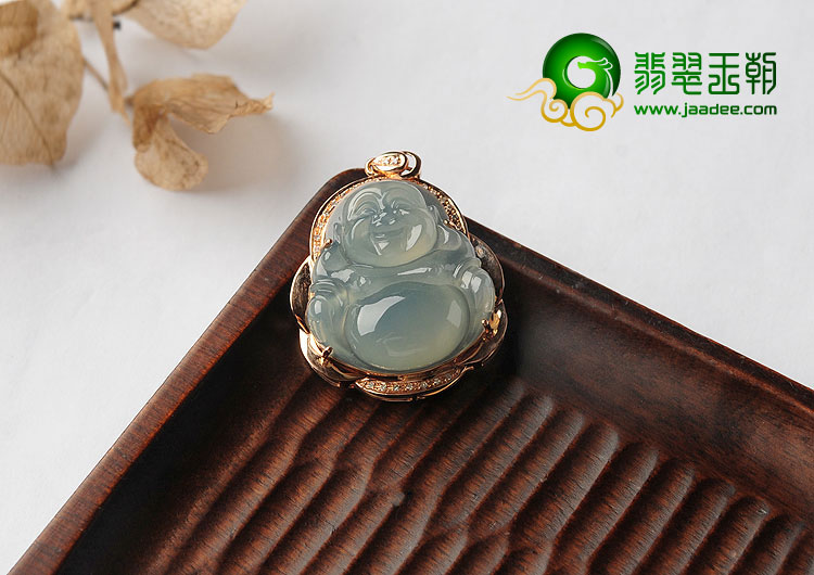 冰种晴水缅甸翡翠A货镶玫瑰金玉佛胸坠（真钻）