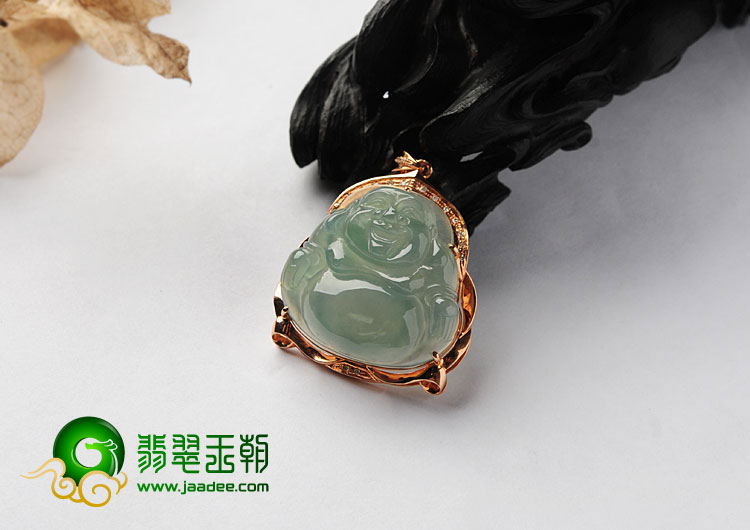 冰种晴水缅甸翡翠A货镶玫瑰金玉佛胸坠（真钻）