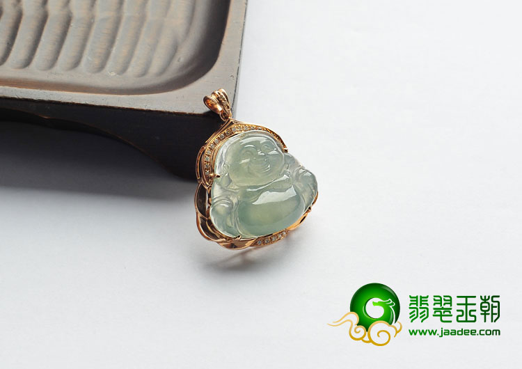 冰种晴水缅甸翡翠A货镶玫瑰金玉佛胸坠（真钻）