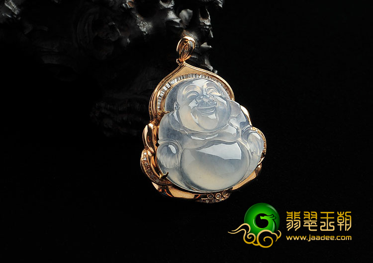 冰种无色缅甸翡翠A货镶玫瑰金玉佛胸坠（真钻）