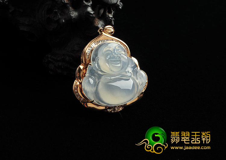 冰种无色缅甸翡翠A货镶玫瑰金玉佛胸坠（真钻）