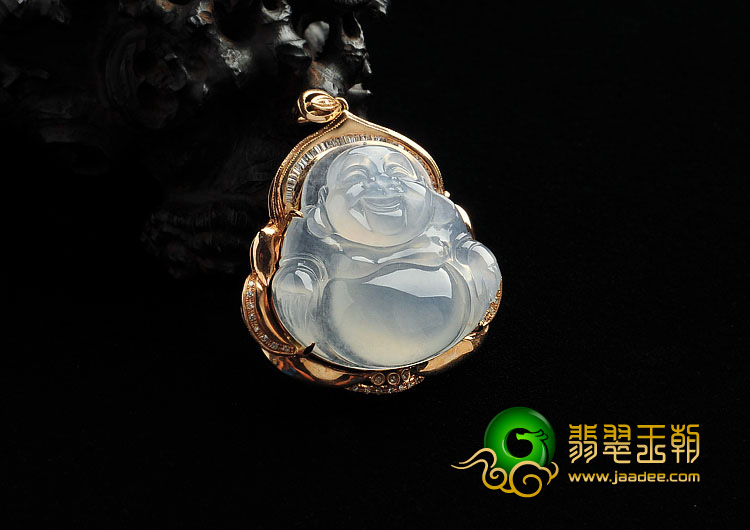 冰种无色缅甸翡翠A货镶玫瑰金玉佛胸坠（真钻）