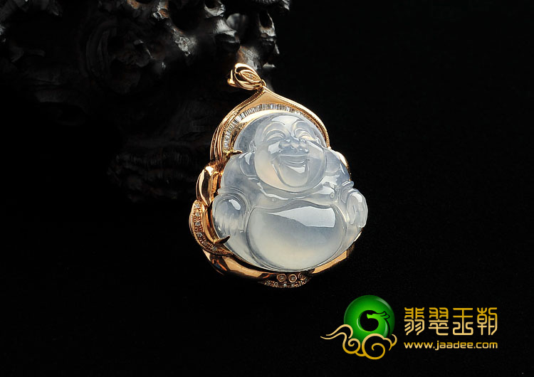 冰种无色缅甸翡翠A货镶玫瑰金玉佛胸坠（真钻）