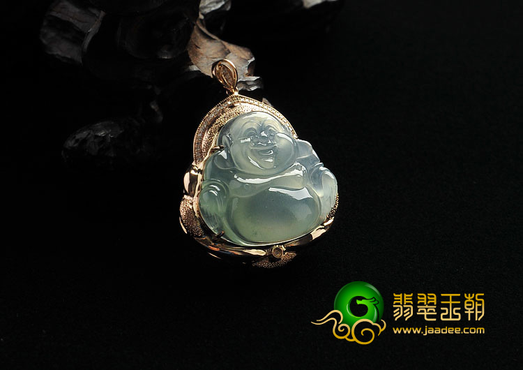 冰种晴水缅甸翡翠A货镶玫瑰金玉佛胸坠（真钻）