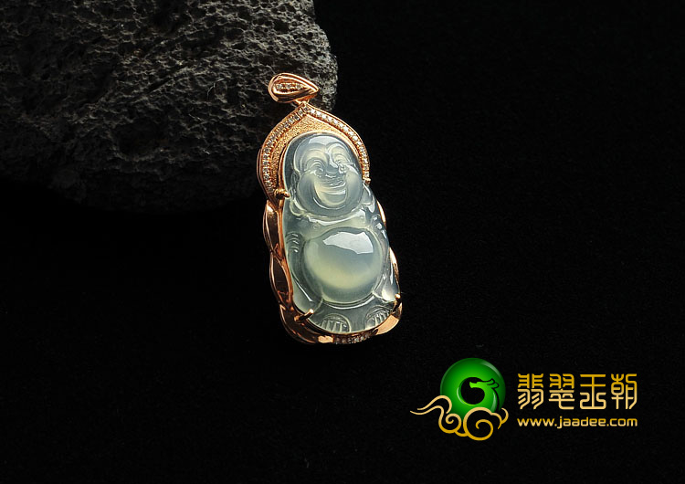 冰种淡晴水缅甸翡翠A货镶玫瑰金玉佛胸坠（真钻）