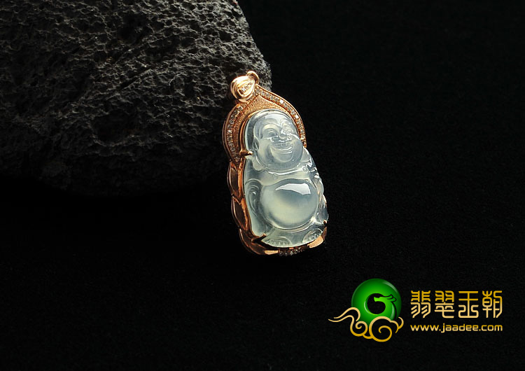 冰种淡晴水缅甸翡翠A货镶玫瑰金玉佛胸坠（真钻）