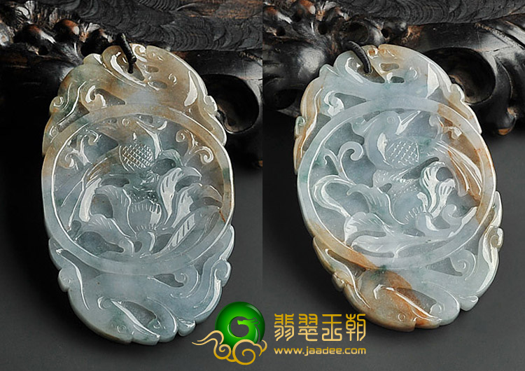 (超值推荐)糯冰种紫罗兰带褐黄翡飘花缅甸翡翠A货龙凤佩挂件（一对）