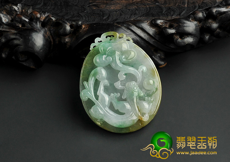 糯冰种黄加绿缅甸翡翠A货螭龙如意挂件