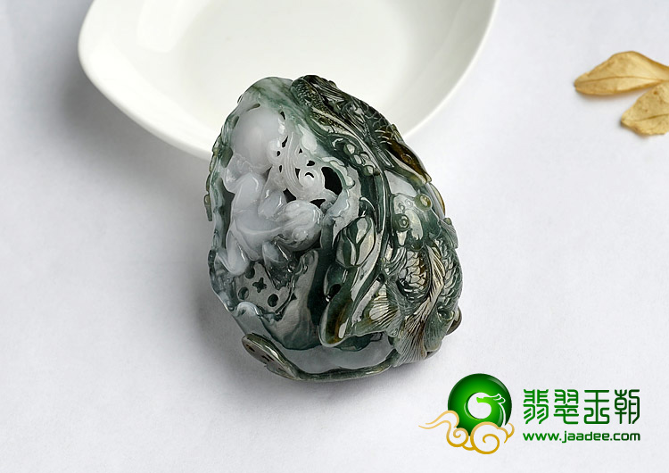糯冰种青色缅甸翡翠A货金玉满堂挂件