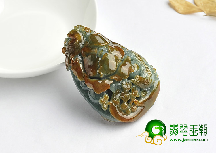 糯冰种晴水褐黄翡缅甸翡翠A货富贵双喜挂件