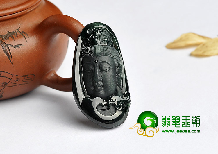 冰种墨翠缅甸翡翠A货观音头挂件