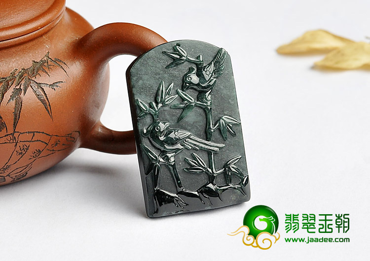 糯冰种墨翠缅甸翡翠A货竹报平安挂件