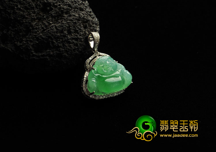 冰种翠色缅甸翡翠A货镶白金玉佛胸坠（真钻）