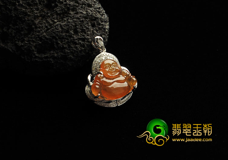 冰种黄翡缅甸翡翠A货镶白金玉佛胸坠（真钻）