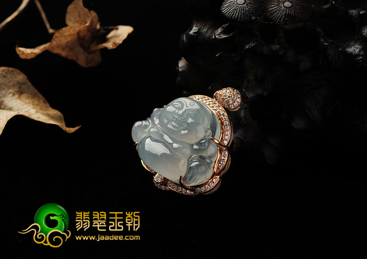 (超值推荐)冰种晴水缅甸翡翠A货镶玫瑰金玉佛胸坠（水钻）