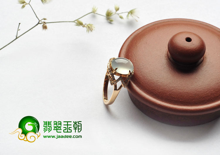 冰种晴水缅甸翡翠A货镶玫瑰金戒指（真钻）