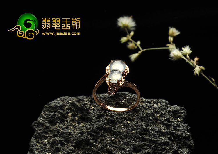 冰玻种无色缅甸翡翠A货镶玫瑰金葫芦戒指（真钻）