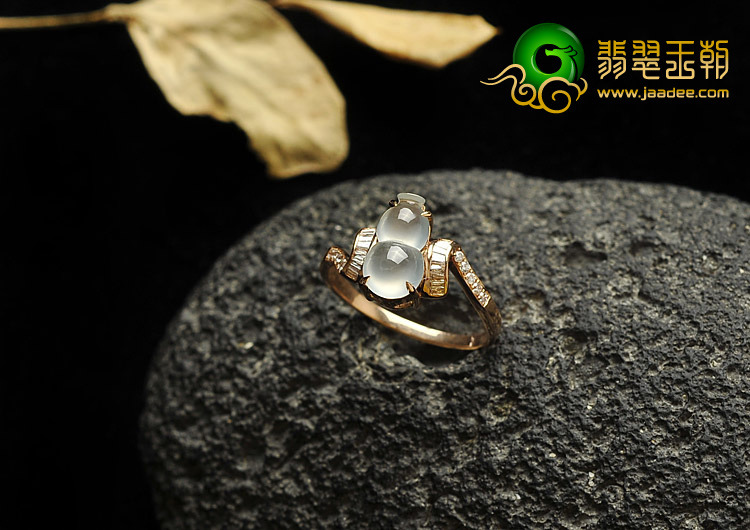 冰玻种晴水缅甸翡翠A货镶玫瑰金葫芦戒指（真钻）