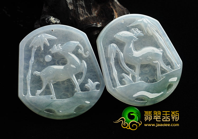 冰种略飘花缅甸翡翠A货鹿牌挂件（单价）