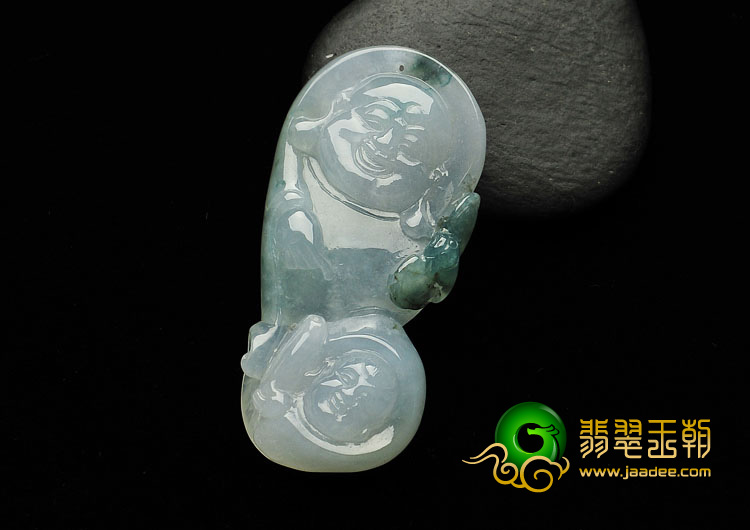 冰种飘花缅甸翡翠A货童子拜佛挂件