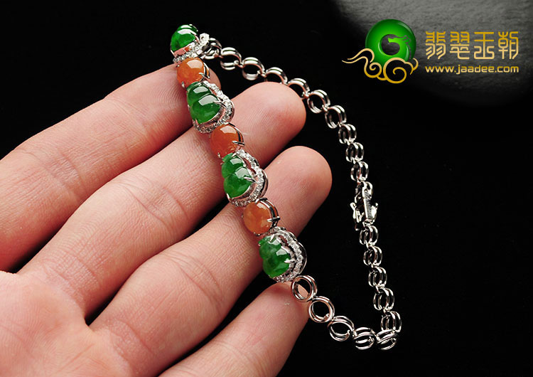 冰种阳绿黄翡缅甸翡翠A货镶白金葫芦手链（真钻）