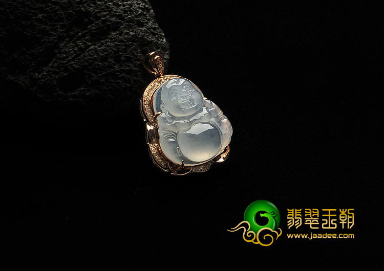 冰玻种无色缅甸翡翠A货镶玫瑰金玉佛胸坠（真钻）