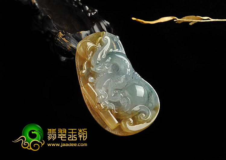 冰种褐黄翡飘花缅甸翡翠A货龙行如意挂件