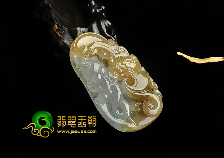 冰种褐黄翡飘花缅甸翡翠A货福在眼前挂件
