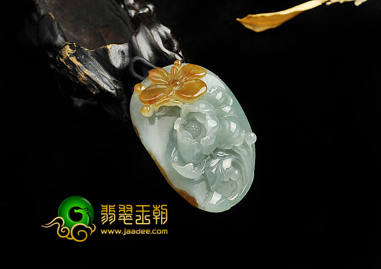 冰种褐黄翡晴水缅甸翡翠A货蝶恋花挂件