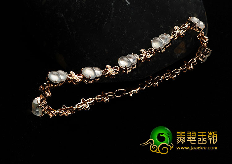 玻璃种无色缅甸翡翠A货镶玫瑰金葫芦手链（真钻）