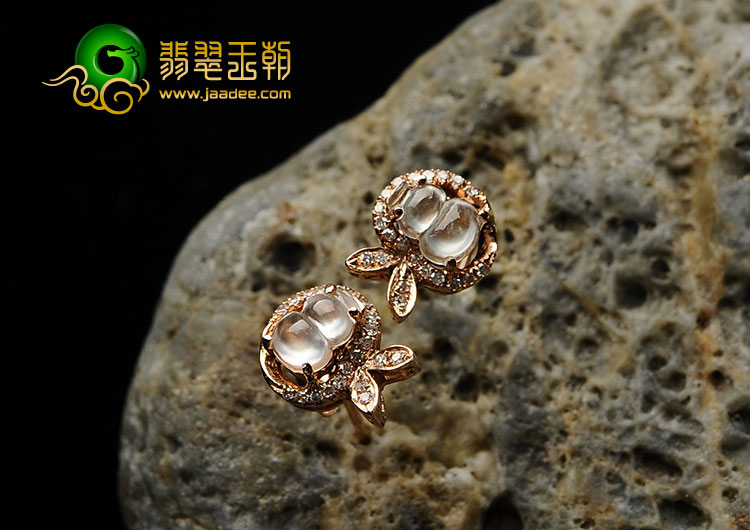 玻璃种无色缅甸翡翠A货镶玫瑰金葫芦耳钉（真钻）
