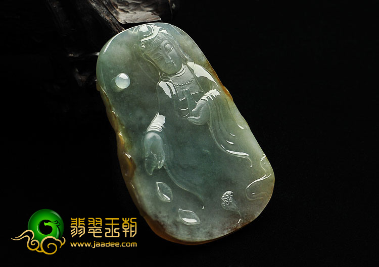 冰种晴水褐黄翡缅甸翡翠A货观音挂件