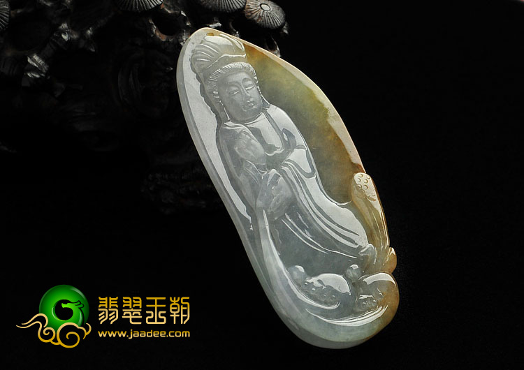 冰种褐黄翡缅甸翡翠A货站观音挂件