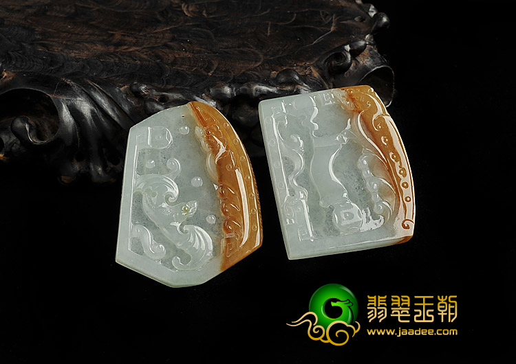 冰种褐黄翡晴水缅甸翡翠A货仿古挂件（一对）