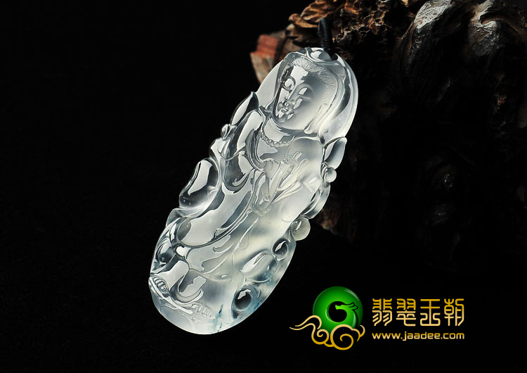 玻璃种晴水缅甸翡翠A货站观音挂件
