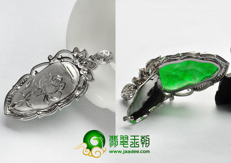 冰种正阳绿缅甸翡翠A货满绿镶白金金枝玉叶胸坠（真钻）