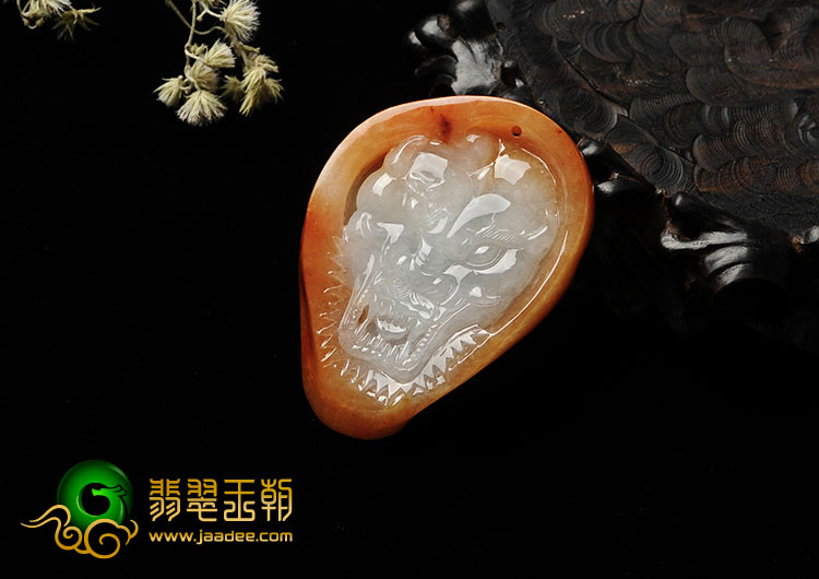 糯冰种红黄翡缅甸翡翠A货怪兽头挂件