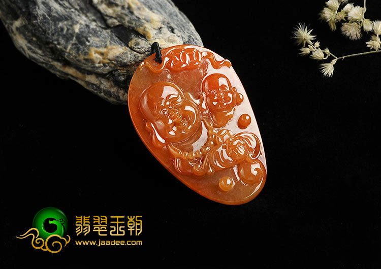 冰种红黄翡缅甸翡翠A货童子拜佛挂件