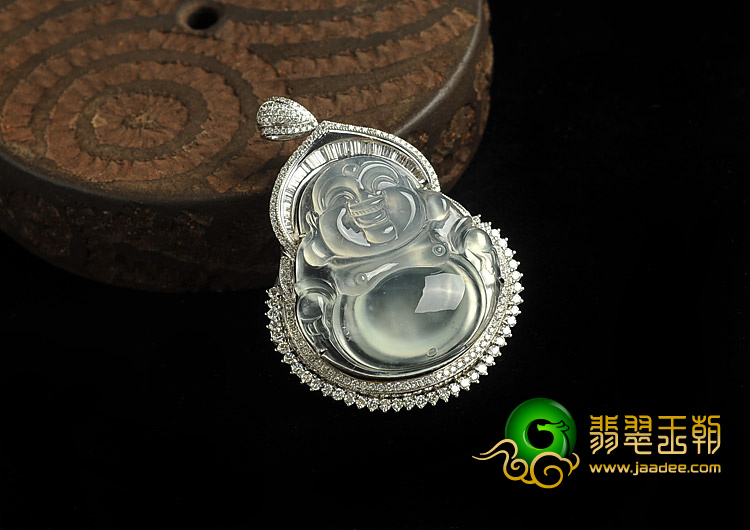 冰玻种晴水缅甸翡翠A货镶白金玉佛胸坠（真钻）