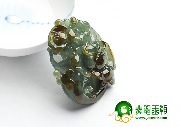 糯冰种褐黄翡缅甸翡翠A货花开富贵挂件