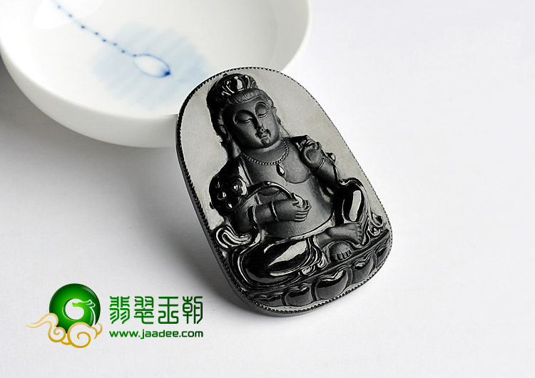 细糯种墨翠缅甸翡翠A货观音挂件