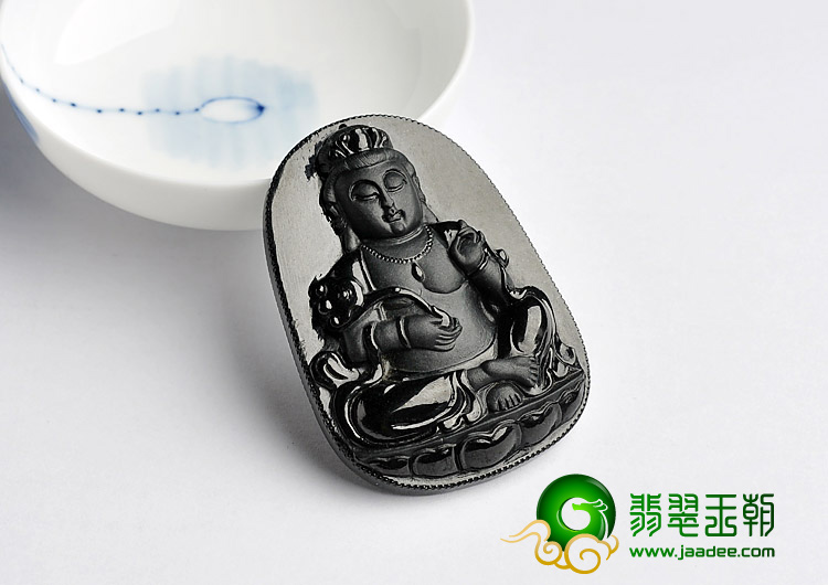 细糯种墨翠缅甸翡翠A货观音挂件