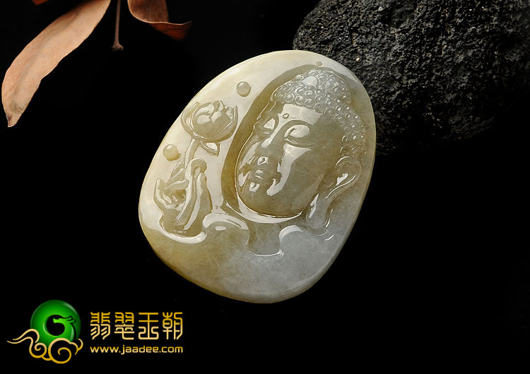 糯冰种黄翡缅甸翡翠A货释迦牟尼头挂件