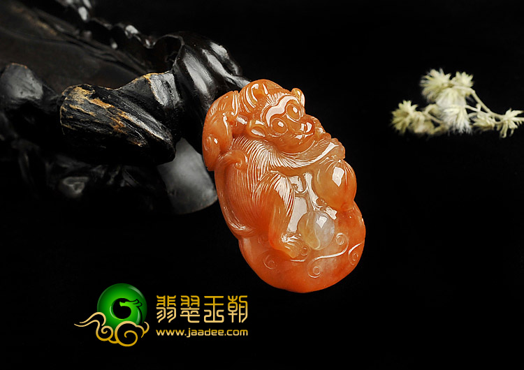 糯冰种红黄翡缅甸翡翠A货灵猴献寿挂件